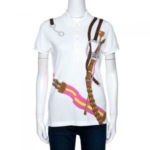 Ralph Lauren White Equestrian Print Cotton Skinny Polo T-Shirt M